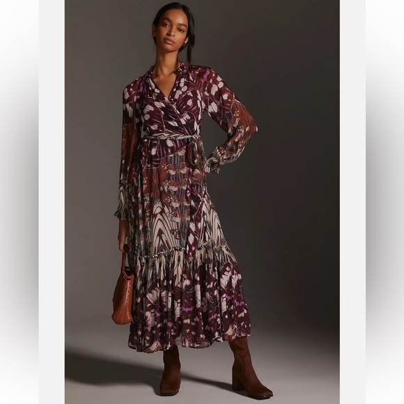 LP ANTHROPOLOGIE Sz LP LONG-SLEEVE WRAP PRINTED MIDI DRESS - Picture 1 of 6